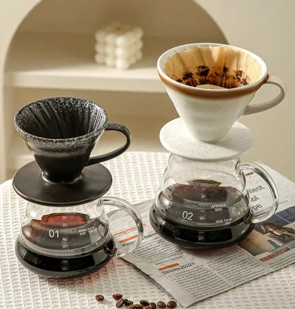 V60 Pour-over Coffee Brewer |Ceramic & Glass Set | 850ml| (White)